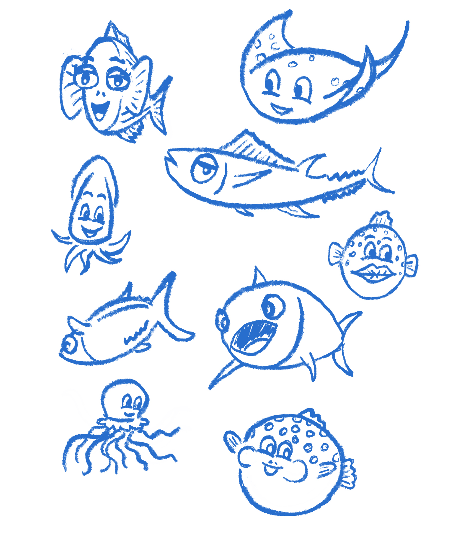 Supporting cast fish character sketches