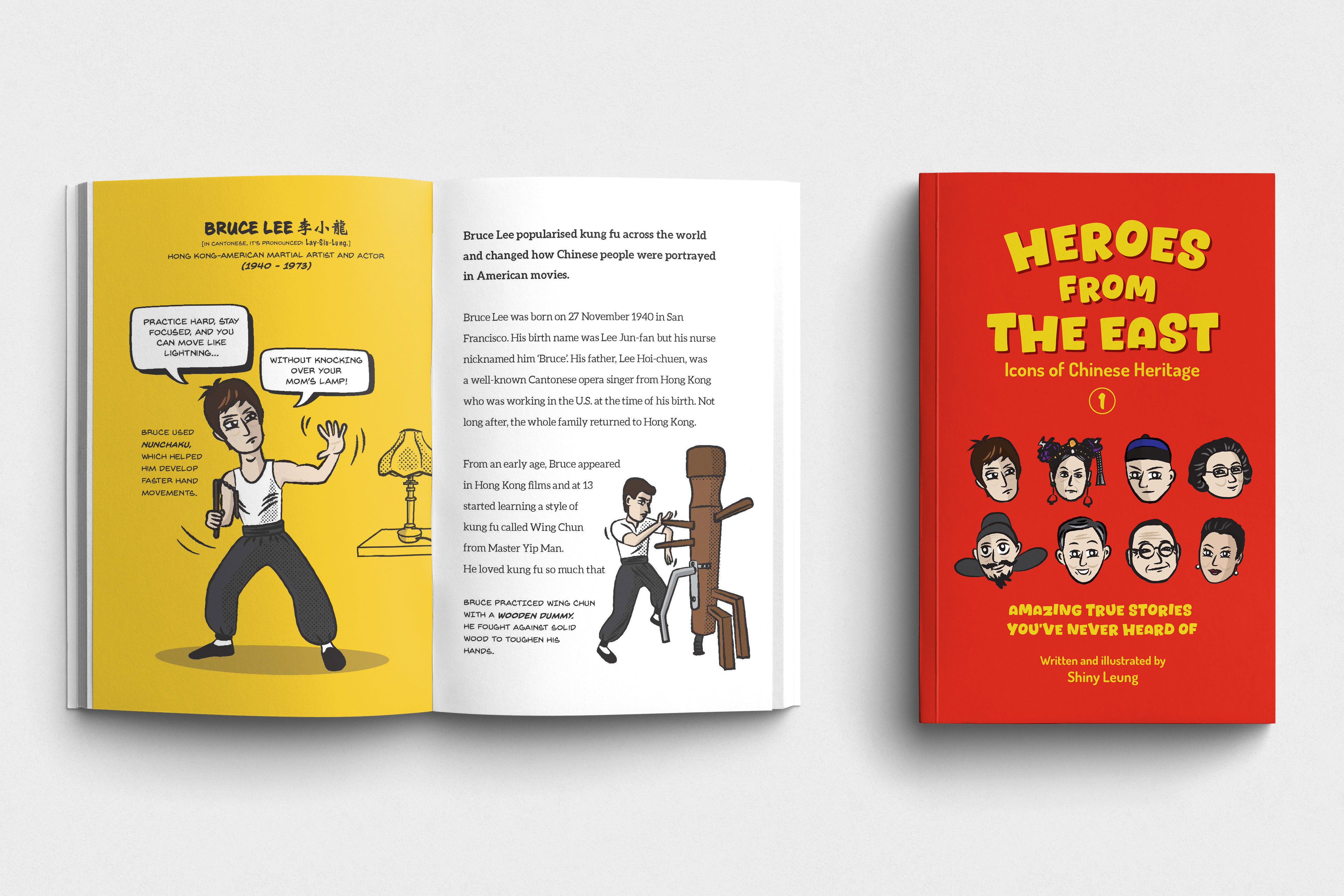 Heroes from the East—cover and open spread showing Bruce Lee chapter