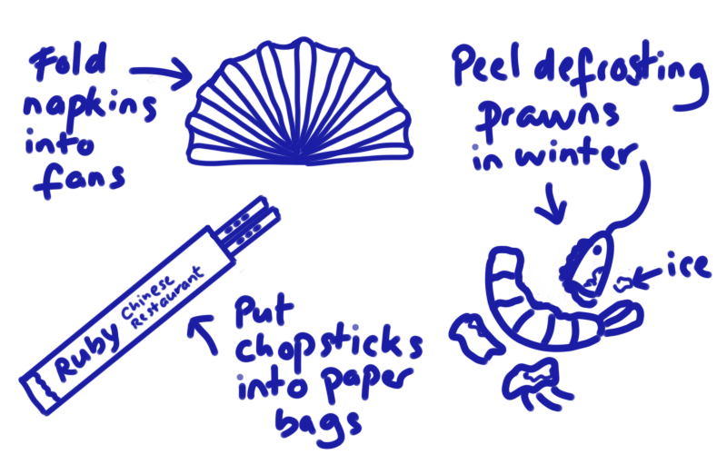 Doodle sketch of folding napkins into fans and peeling defrosting prawns