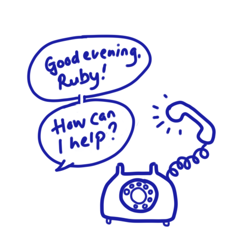 Doodle sketch of a phone with a Good evening Ruby speech bubble