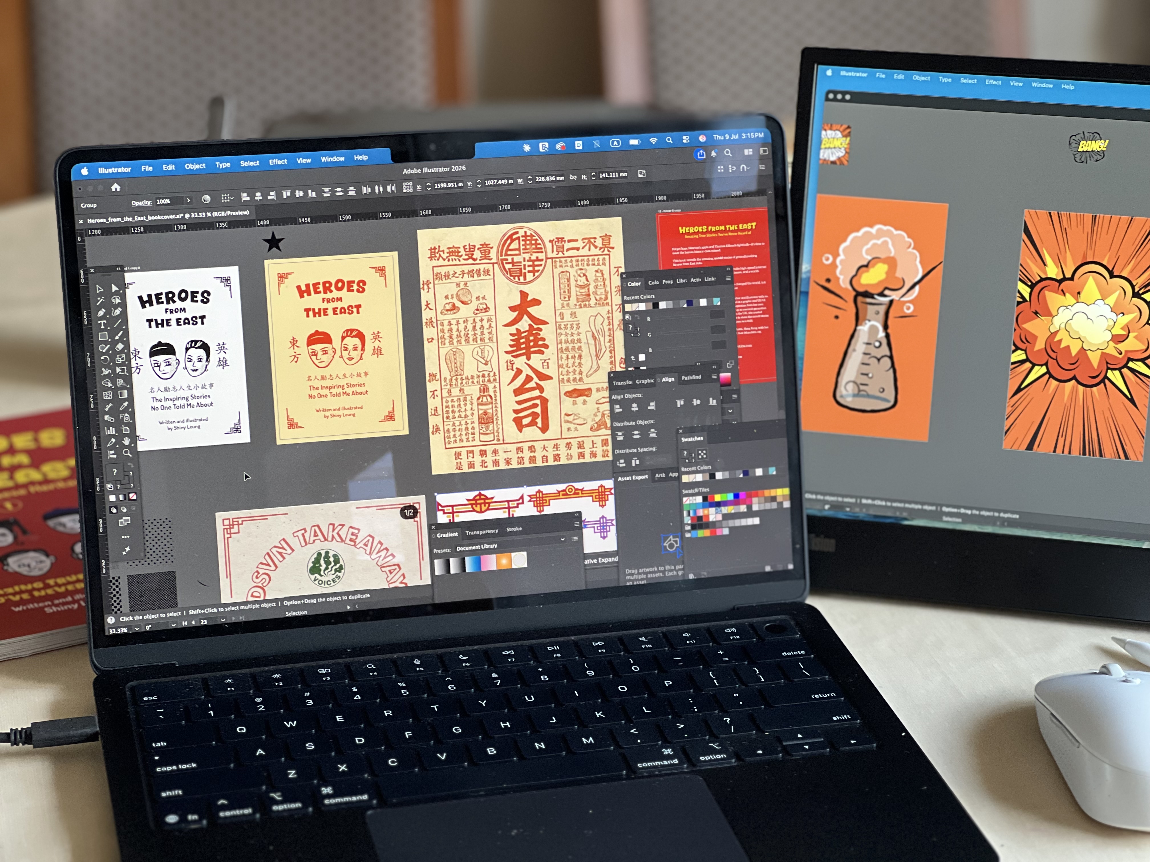 Illustration workstation with sketches and the book cover in progress